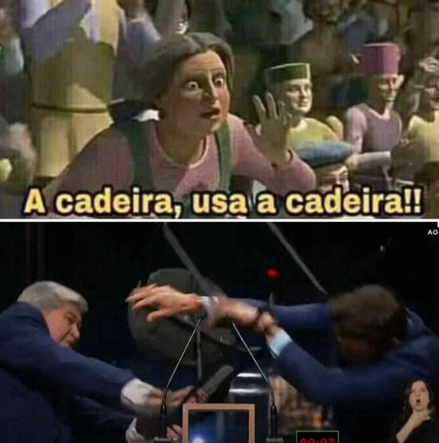 Cena clássica do filme Shrek, onde uma senhora fala para o ogro usar uma cadeira para bater em um adversário, veio a mente de muitos brasileiros que presenciaram a situação